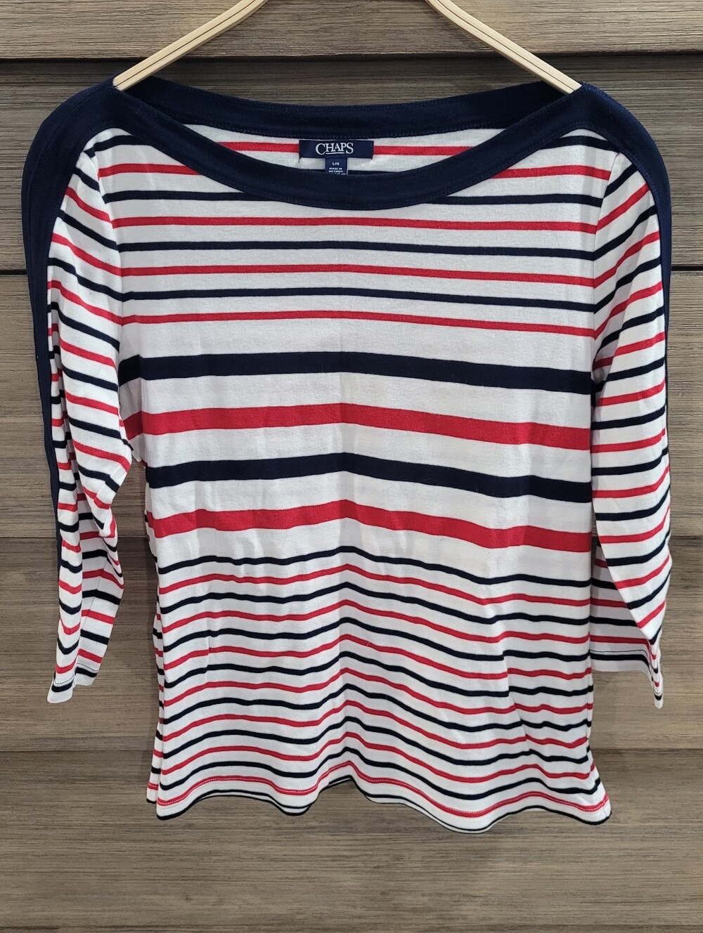 Red, Navy & White Striped Boatneck Long Sleeve Top